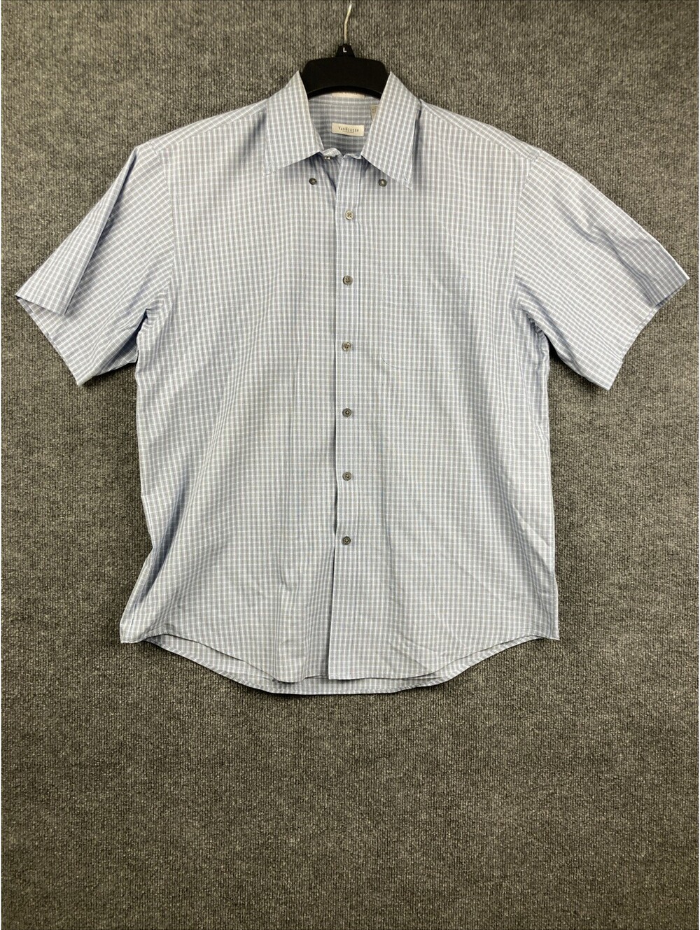 Van Heusen Mens Size Large Wrinkle Free Light Blue Plaid S/S Button Shirt MINT